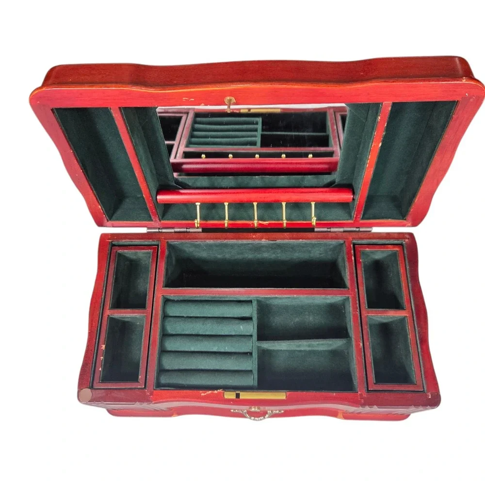 Vintage‎ Wooden Jewelry Box Women Large Cherry Red Green Velvet Lining